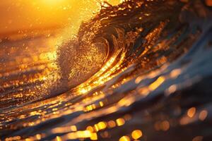 A wave breaking on the ocean at sunset photo