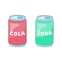 Carbonated drinks soda and cola in an aluminum can. Isolated objects, flat illustration vector