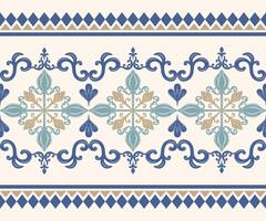 Beautiful Classy Scroll Ornament Border Pattern Royal Blue Cool Tone and Gold on Beige Background. Luxury Qing Hand Draw Style with Geometric Stripe Design for Decoration Silk Weaves Carpet Opulence vector