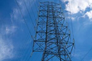 High voltage electrical transmission tower infrastructure delivers essential power across national grid system during peak energy demand showcasing critical utility distribution network photo