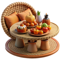 vibrant artistic Autumn Harvest Table Setting with Rattan Furniture premium png