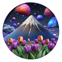 Surreal Mountain Landscape with Tulips and Celestial Bodies png