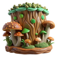 Whimsical Mushroom Tree 3D Render of Fungi and Tree Stump png