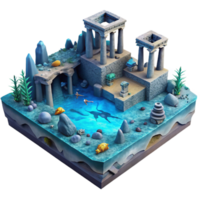 Submerged Temple Isometric 3D Render of Ancient Ruins png