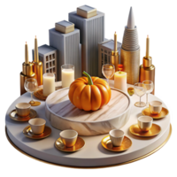 dramatic vintage Autumn Harvest Table Setting with Cityscape premium png