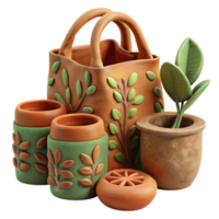 vibrant contemporary Handcrafted Clay Pot Set with Leaf Design 4K png