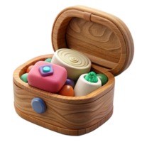 dramatic rustic Wooden Box with Colorful 3D Objects detailed png