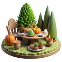 Autumn Harvest Table 3D Render of Festive Fall Scene png