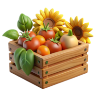 extraordinary minimalist Harvest Bounty Sunflowers, Tomatoes Vegetables in Wooden Crate authentic png