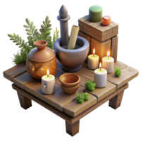 elegant traditional Wooden Tabletop Spa Setting with Candles and Herbs high resolution png