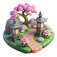 Serene 3D Render Stone Path, Cherry Blossoms, Lanterns png