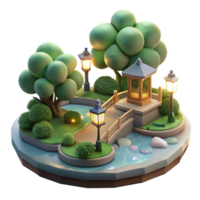 Tranquil Garden Scene 3D Render of Park with Bridge and Pavilion png
