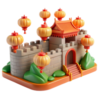 beautiful artistic Asian Fortress with Lanterns 3D Render original png