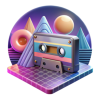 magnificent classic Retro Cassette Tape in 80s Synthwave Landscape authentic png