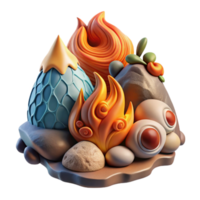 serene artistic Fantasy Landscape 3D Render of Fire, Stones, and Mythical Egg high resolution png