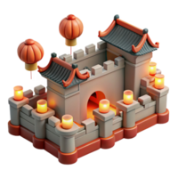 dramatic abstract 3D Model Illuminated Asian Castle with Lanterns high quality png