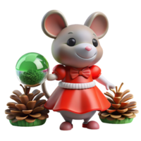 Cute Mouse in Red Dress with Pine Cones and Globe png