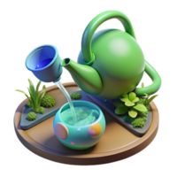 stunning classic 3D Render Teapot Pouring into Cup on Tray with Plants detailed png
