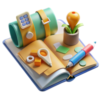 impressive traditional Open Book with 3D Objects Creative Supplies and Notes authentic png
