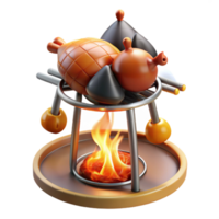 serene minimalist 3D Render of Food Roasting on a Metal Stand Over a Fire detailed png