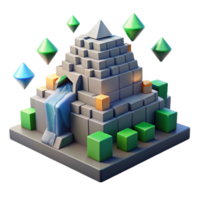 3D Pyramid Block Structure with Waterfall Gems png