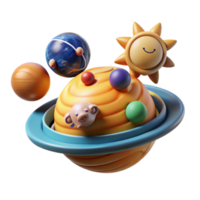 Whimsical Planet with Smiling Sun orbiting moons png