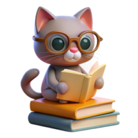 beautiful artistic Cute Cat Reading Books 3D Render high resolution png