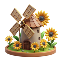 stunning classic 3D Render Windmill with Sunflowers high resolution png