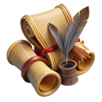 magnificent minimalist 3D Render of Ancient Scrolls and Quill professional png