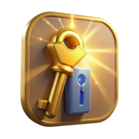 beautiful abstract Golden Key 3D Render, Unlocking Success App Icon professional png