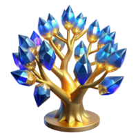 extraordinary abstract Golden Tree with Blue Crystal Leaves 3D Render authentic png