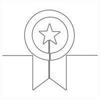 Single continuous line drawing of the best quality award badge with gold star winning medal symbol sketch illustration vector