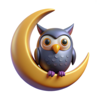 impressive abstract Cute Owl on Crescent Moon 3D Render authentic png