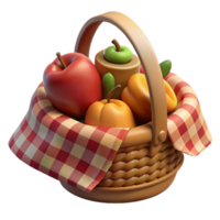 extraordinary rustic 3D Render Picnic Basket with Apples and Apricots 4K png