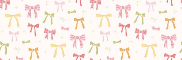 Seamless pattern with decorative ribbon bows and sparkles. Crayon texture. Hand drawn festive wallpaper in pastel shades. Cute and stylish design for fabric, background, gift wrapping, prints. vector