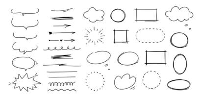 Hand drawn shapes, speech bubble, arrows and underlines. Doodle sketch line frames and elements. Scribble line strokes set. vector