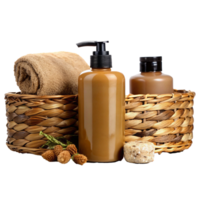Luxury Spa Products in Wicker Baskets with Rolled Towel and Soap png