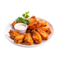 Delicious Crispy Fried Chicken Wings with Creamy Dipping Sauce and Fresh Parsley Garnish png