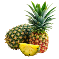 Two whole pineapples and a slice of pineapple on a white background png