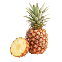 A whole pineapple and a cross section of a pineapple showcasing its vibrant yellow flesh and reddish brown exterior png