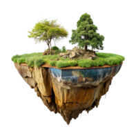 Floating Island Ecosystem with Lush Greenery and Rocky Base png