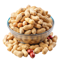 A Bowl of Roasted Peanuts with Some Scattered Around and Two Red Fruits png