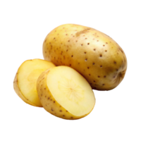 Closeup of a whole yellow potato and two sliced pieces showing inside texture png