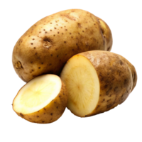 Closeup of three potatoes one whole and two cut in half showing the yellow flesh png