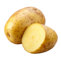 Closeup view of a whole and a half yellow potato showing its texture and flesh png