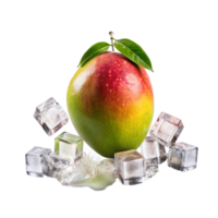 A single ripe mango with green leaves surrounded by melting ice cubes on white background png