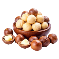 Delicious Macadamia Nuts in Wooden Bowl A CloseUp View of Shelled and Unshelled Macadamia Kernels png