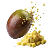 A whole mango exploding into small diced pieces of mango, suspended in midair against a white background png