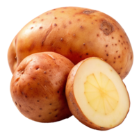 Closeup of three fresh potatoes one cut in half showing yellow flesh png