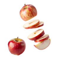 A whole red apple and several slices of the same apple are shown floating against a white background png